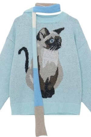 Cute Everyday Outfits, Outfit Inspo Casual Fluffy Siamese Cat Print Jumper