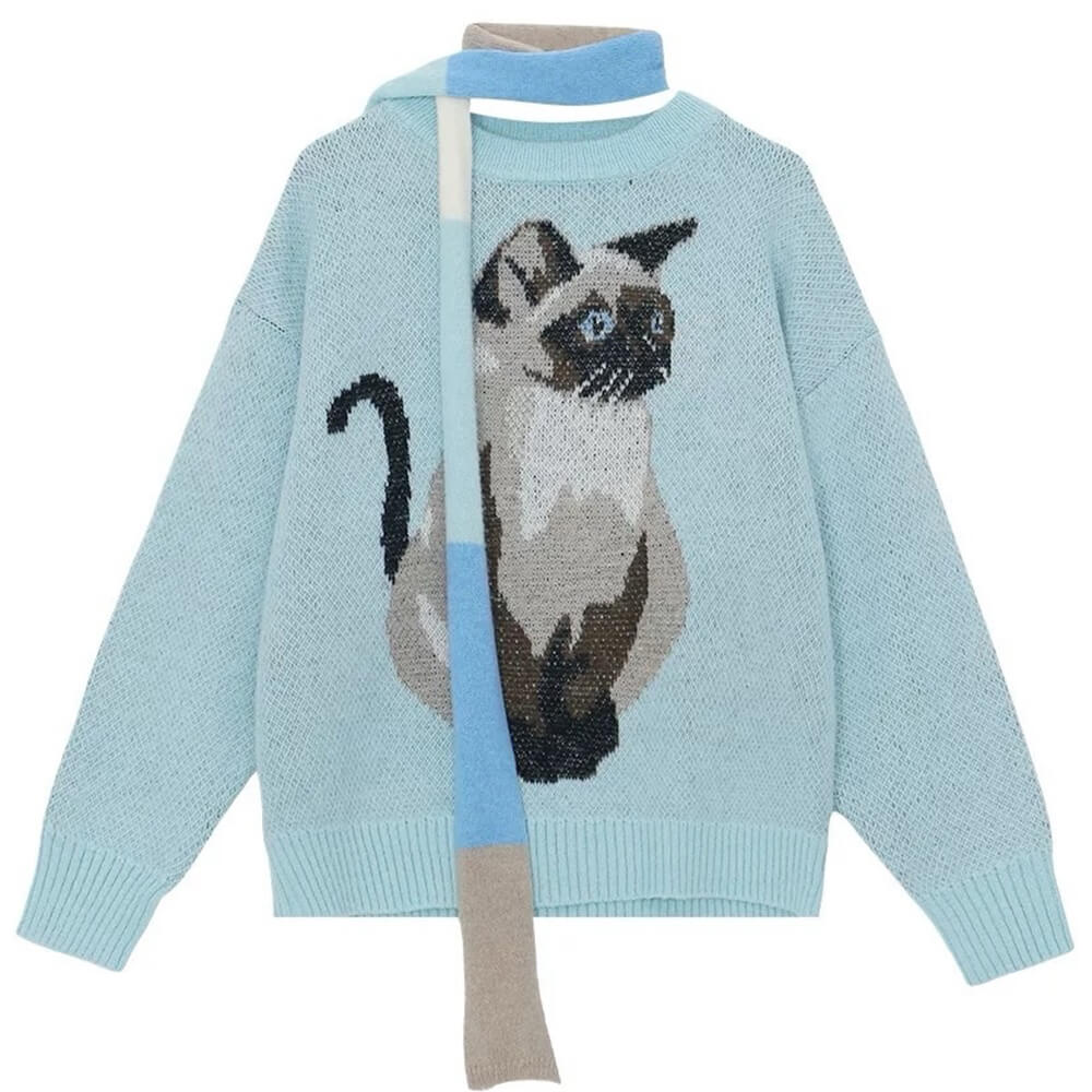 Cute Everyday Outfits, Outfit Inspo Casual Fluffy Siamese Cat Print Jumper