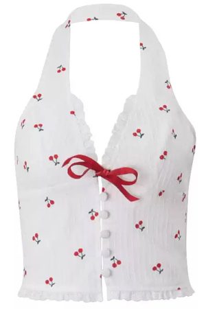 Cute Everyday Outfits, Outfit Inspo Casual French Summer Cherry Halter Top