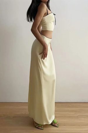 Cute Everyday Outfits, Outfit Inspo Casual French Summer Satin Top & Maxi Skirt Set