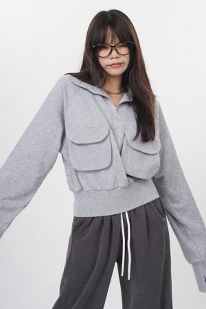 Cute Everyday Outfits, Outfit Inspo Casual Front Pockets Grey Zip Up Sweatshirt