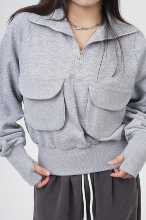 Cute Everyday Outfits, Outfit Inspo Casual Front Pockets Grey Zip Up Sweatshirt