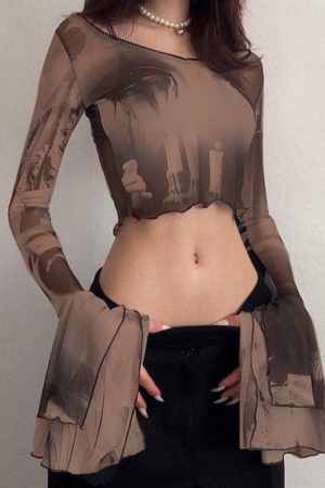 Cute Everyday Outfits, Outfit Inspo Casual Futuristic Flare Sleeves Mesh Top