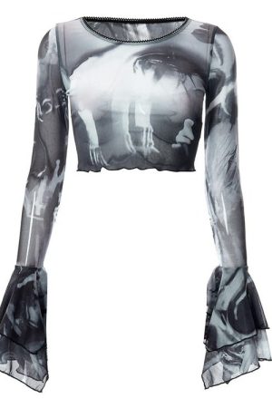 Cute Everyday Outfits, Outfit Inspo Casual Futuristic Flare Sleeves Mesh Top