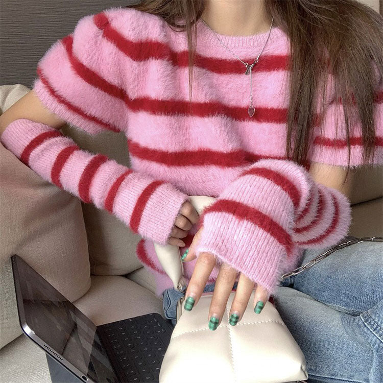 Cute Everyday Outfits, Outfit Inspo Casual Fuzzy Striped Top + Gloves Set Cute Everyday Outfits, Outfit Inspo Casual Fuzzy Striped Top + Gloves Set
