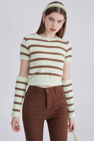 Cute Everyday Outfits, Outfit Inspo Casual Fuzzy Striped Top + Gloves Set