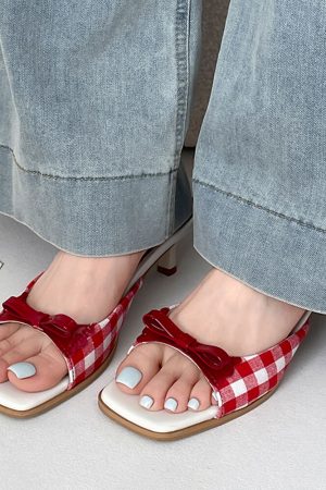 Cute Everyday Outfits, Outfit Inspo Casual Gingham Picnic Bow Heeled Mules