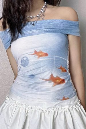 Cute Everyday Outfits, Outfit Inspo Casual Goldfish Print Off-Shoulder Top