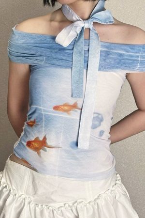 Cute Everyday Outfits, Outfit Inspo Casual Goldfish Print Off-Shoulder Top