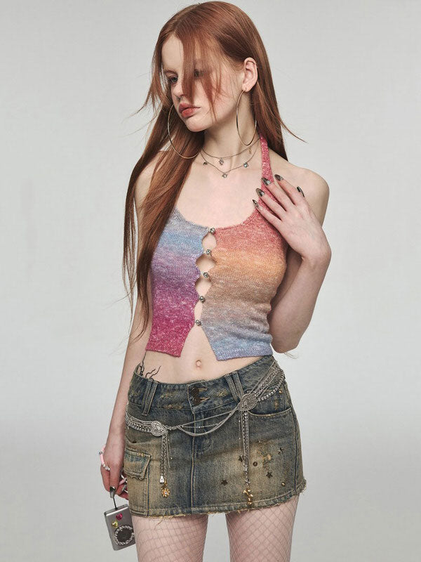 Cute Everyday Outfits, Outfit Inspo Casual Gradient Rainbow Knit Halter Top Cute Everyday Outfits, Outfit Inspo Casual Gradient Rainbow Knit Halter Top