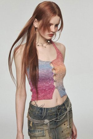 Cute Everyday Outfits, Outfit Inspo Casual Gradient Rainbow Knit Halter Top