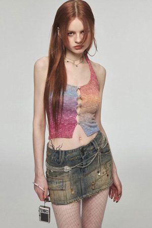 Cute Everyday Outfits, Outfit Inspo Casual Gradient Rainbow Knit Halter Top