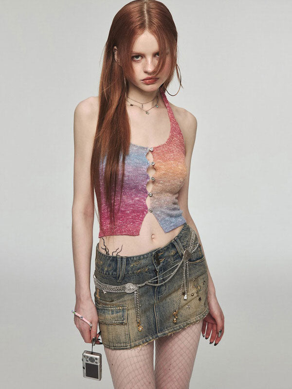 Cute Everyday Outfits, Outfit Inspo Casual Gradient Rainbow Knit Halter Top Cute Everyday Outfits, Outfit Inspo Casual Gradient Rainbow Knit Halter Top