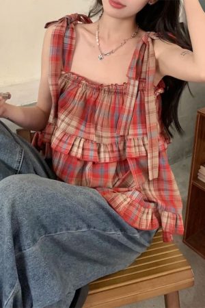 Cute Everyday Outfits, Outfit Inspo Casual Grandma Aesthetic Plaid Bow-Tie Top