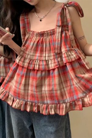 Cute Everyday Outfits, Outfit Inspo Casual Grandma Aesthetic Plaid Bow-Tie Top