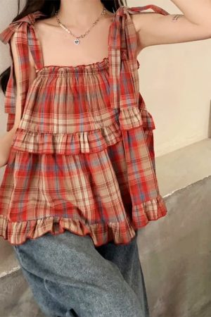 Cute Everyday Outfits, Outfit Inspo Casual Grandma Aesthetic Plaid Bow-Tie Top