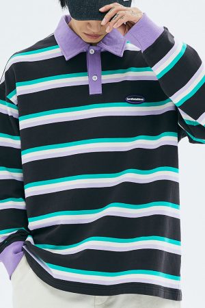 Cute Everyday Outfits, Outfit Inspo Casual Grape & Mint Stripe Rugby Polo Shirt