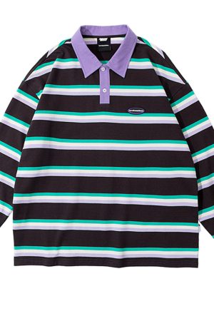 Cute Everyday Outfits, Outfit Inspo Casual Grape & Mint Stripe Rugby Polo Shirt