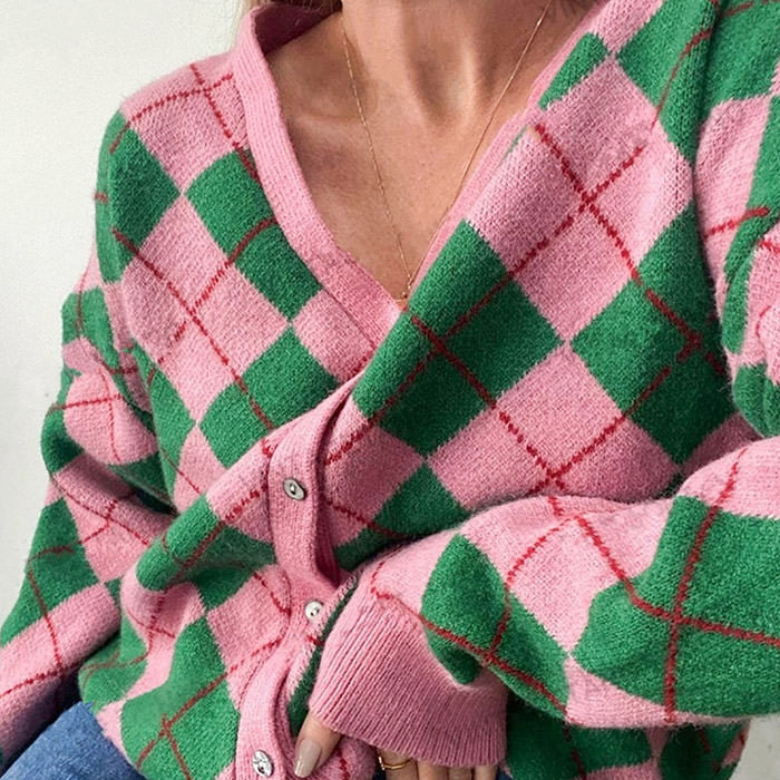 Cute Everyday Outfits, Outfit Inspo Casual Green & Pink Argyle Pattern Cardigan