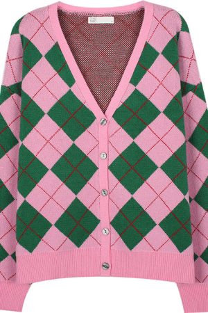 Cute Everyday Outfits, Outfit Inspo Casual Green & Pink Argyle Pattern Cardigan