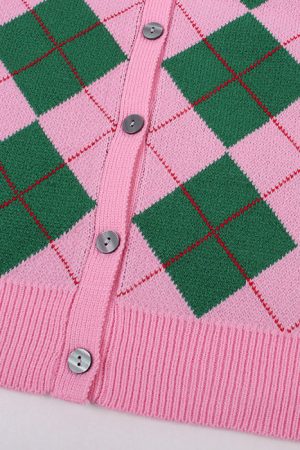 Cute Everyday Outfits, Outfit Inspo Casual Green & Pink Argyle Pattern Cardigan