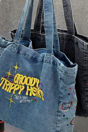 Cute Everyday Outfits, Outfit Inspo Casual Groovy Trippy Heart Blue Denim Bag