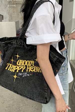 Cute Everyday Outfits, Outfit Inspo Casual Groovy Trippy Heart Denim Bag