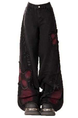 Cute Everyday Outfits, Outfit Inspo Casual Grunge Aesthetic Black & Red Butterfly Jeans