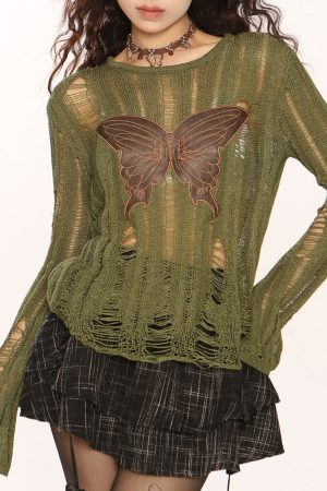 Cute Everyday Outfits, Outfit Inspo Casual Grunge Aesthetic Butterfly Knit Top