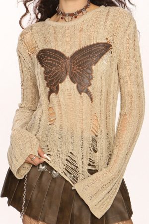 Cute Everyday Outfits, Outfit Inspo Casual Grunge Aesthetic Butterfly Knit Top