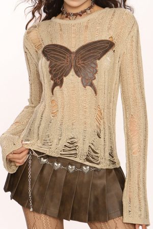 Cute Everyday Outfits, Outfit Inspo Casual Grunge Aesthetic Butterfly Knit Top