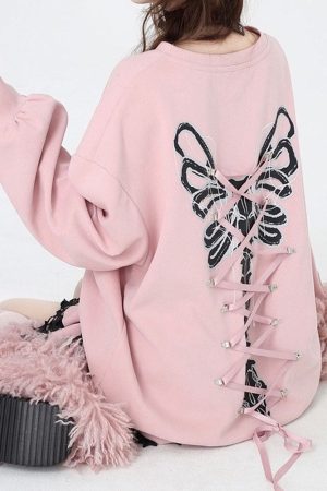 Cute Everyday Outfits, Outfit Inspo Casual Grunge Lace-Up Butterfly Skeleton Sweatshirt