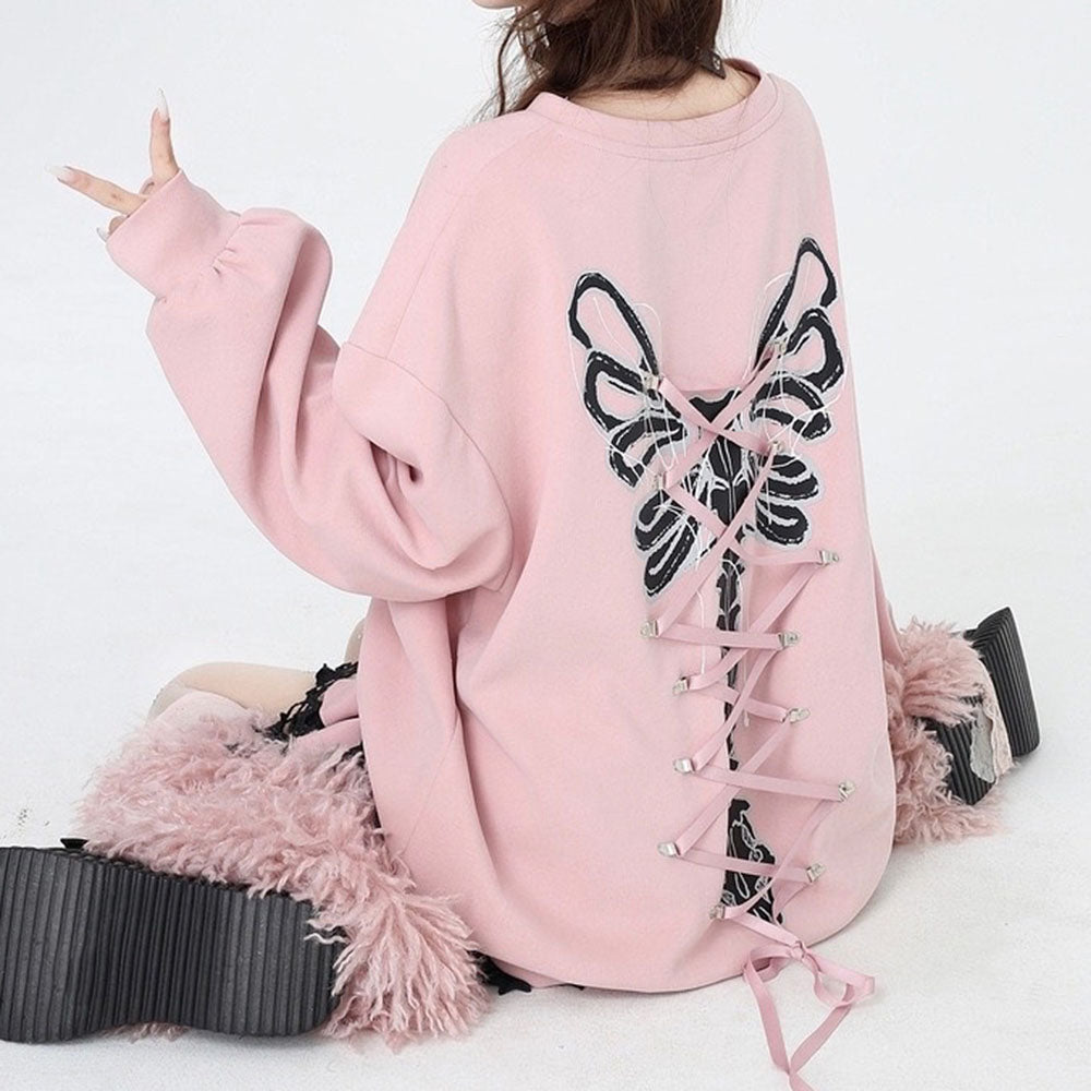 Cute Everyday Outfits, Outfit Inspo Casual Grunge Lace-Up Butterfly Skeleton Sweatshirt Cute Everyday Outfits, Outfit Inspo Casual Grunge Lace-Up Butterfly Skeleton Sweatshirt