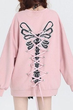 Cute Everyday Outfits, Outfit Inspo Casual Grunge Lace-Up Butterfly Skeleton Sweatshirt