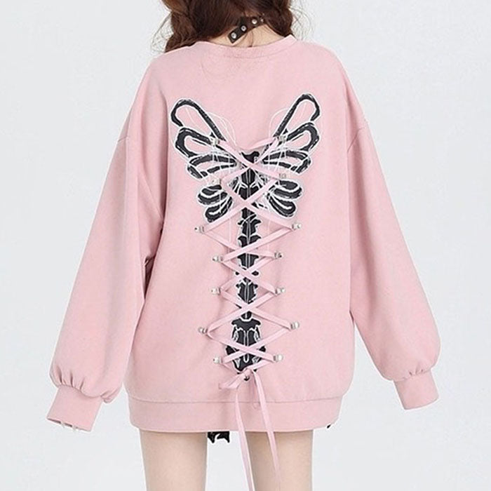Cute Everyday Outfits, Outfit Inspo Casual Grunge Lace-Up Butterfly Skeleton Sweatshirt Cute Everyday Outfits, Outfit Inspo Casual Grunge Lace-Up Butterfly Skeleton Sweatshirt