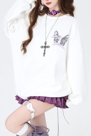 Cute Everyday Outfits, Outfit Inspo Casual Grunge Lace-Up Butterfly Skeleton Sweatshirt