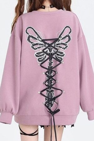 Cute Everyday Outfits, Outfit Inspo Casual Grunge Lace-Up Butterfly Skeleton Sweatshirt