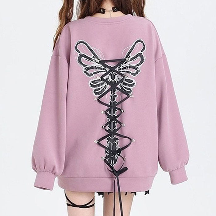 Cute Everyday Outfits, Outfit Inspo Casual Grunge Lace-Up Butterfly Skeleton Sweatshirt