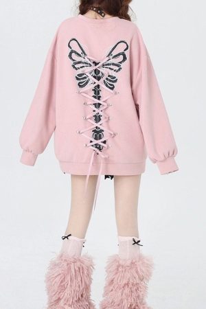 Cute Everyday Outfits, Outfit Inspo Casual Grunge Lace-Up Butterfly Skeleton Sweatshirt