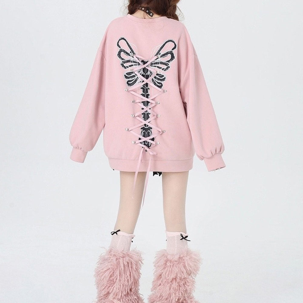 Cute Everyday Outfits, Outfit Inspo Casual Grunge Lace-Up Butterfly Skeleton Sweatshirt Cute Everyday Outfits, Outfit Inspo Casual Grunge Lace-Up Butterfly Skeleton Sweatshirt