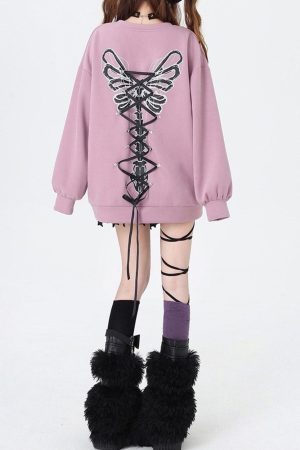 Cute Everyday Outfits, Outfit Inspo Casual Grunge Lace-Up Butterfly Skeleton Sweatshirt