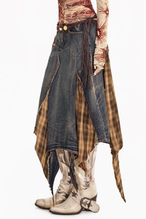 Cute Everyday Outfits, Outfit Inspo Casual Grunge Patchwork Plaid Denim Skirt