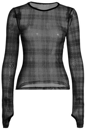 Cute Everyday Outfits, Outfit Inspo Casual Grunge Plaid Mesh Long Sleeve Top
