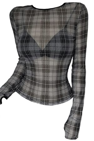 Cute Everyday Outfits, Outfit Inspo Casual Grunge Plaid Mesh Long Sleeve Top