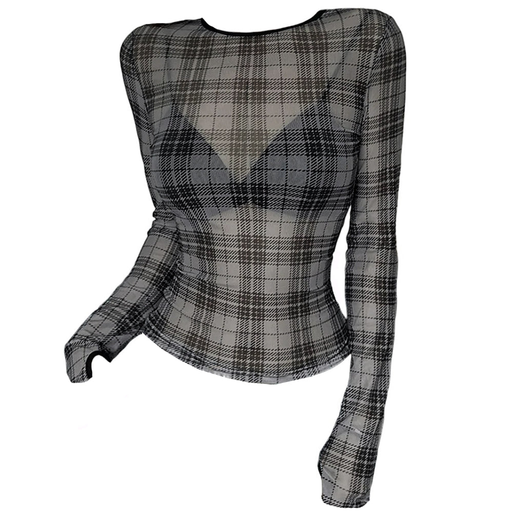 Cute Everyday Outfits, Outfit Inspo Casual Grunge Plaid Mesh Long Sleeve Top
