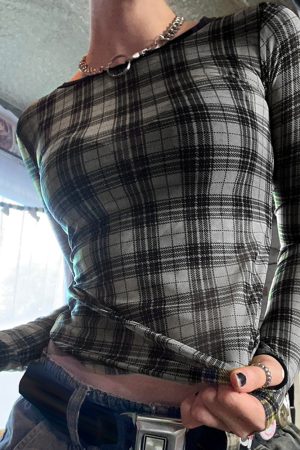 Cute Everyday Outfits, Outfit Inspo Casual Grunge Plaid Mesh Long Sleeve Top