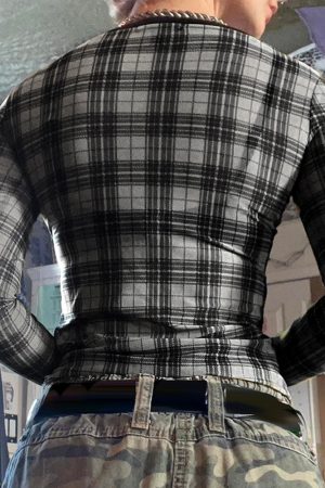 Cute Everyday Outfits, Outfit Inspo Casual Grunge Plaid Mesh Long Sleeve Top