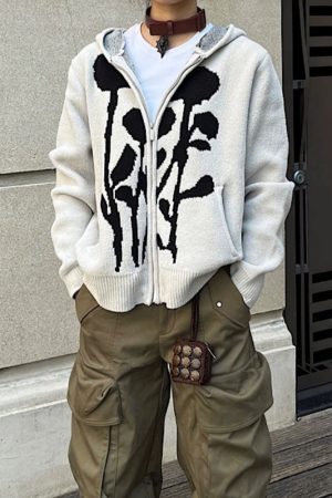 Cute Everyday Outfits, Outfit Inspo Casual Grunge Rose Knit Hoodie