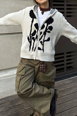 Cute Everyday Outfits, Outfit Inspo Casual Grunge Rose Knit Hoodie