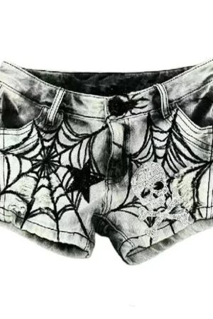 Cute Everyday Outfits, Outfit Inspo Casual Grunge Spider Web Print Denim Shorts